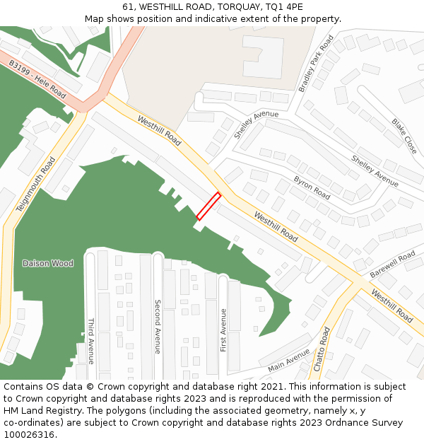 61, WESTHILL ROAD, TORQUAY, TQ1 4PE: Location map and indicative extent of plot