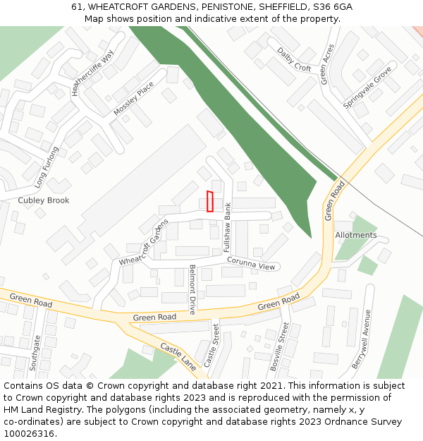 61, WHEATCROFT GARDENS, PENISTONE, SHEFFIELD, S36 6GA: Location map and indicative extent of plot
