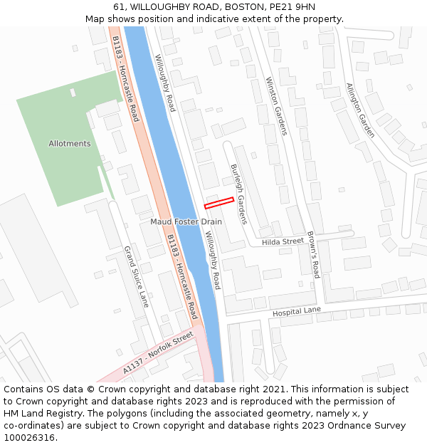 61, WILLOUGHBY ROAD, BOSTON, PE21 9HN: Location map and indicative extent of plot