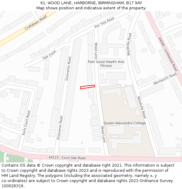 61, WOOD LANE, HARBORNE, BIRMINGHAM, B17 9AY: Location map and indicative extent of plot