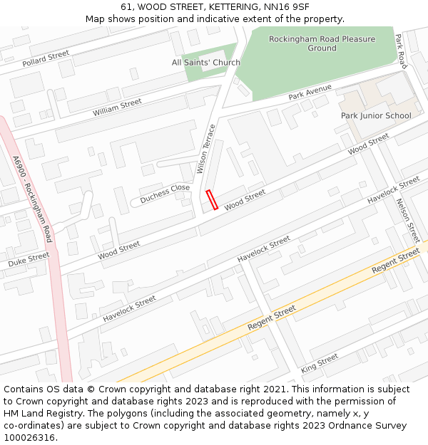 61, WOOD STREET, KETTERING, NN16 9SF: Location map and indicative extent of plot