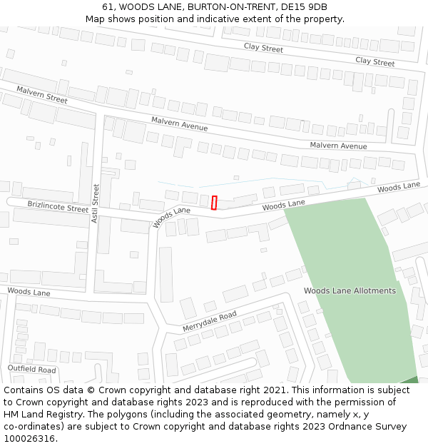 61, WOODS LANE, BURTON-ON-TRENT, DE15 9DB: Location map and indicative extent of plot