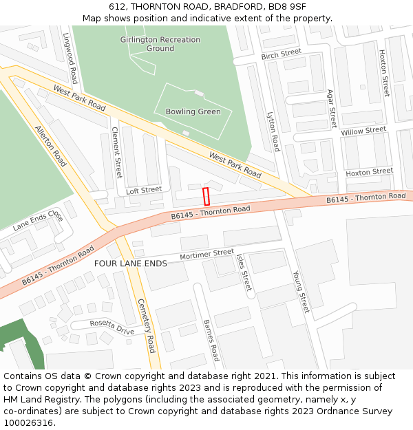 612, THORNTON ROAD, BRADFORD, BD8 9SF: Location map and indicative extent of plot