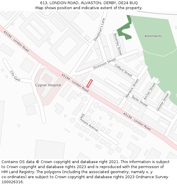 613, LONDON ROAD, ALVASTON, DERBY, DE24 8UQ: Location map and indicative extent of plot