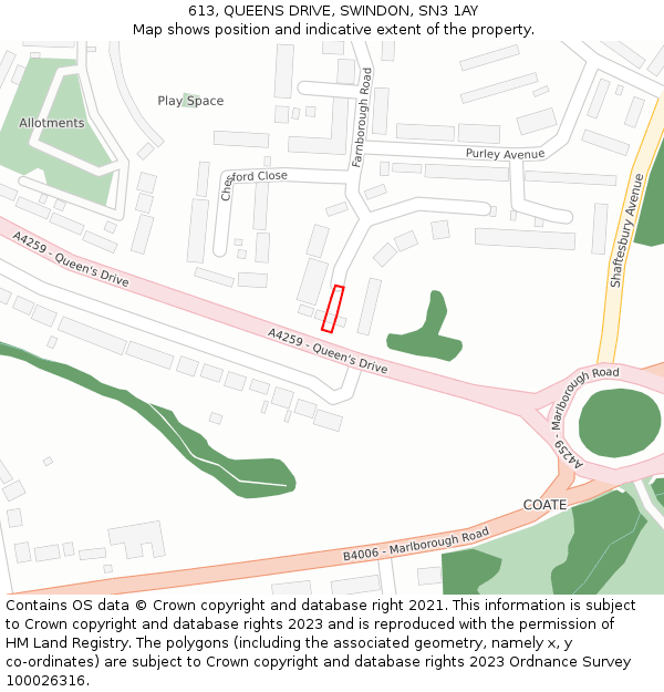 613, QUEENS DRIVE, SWINDON, SN3 1AY: Location map and indicative extent of plot