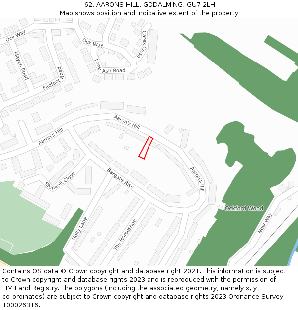 62, AARONS HILL, GODALMING, GU7 2LH: Location map and indicative extent of plot