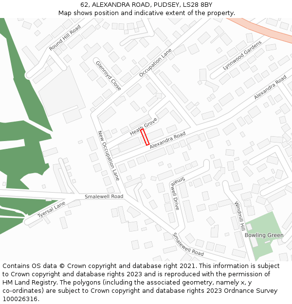 62, ALEXANDRA ROAD, PUDSEY, LS28 8BY: Location map and indicative extent of plot