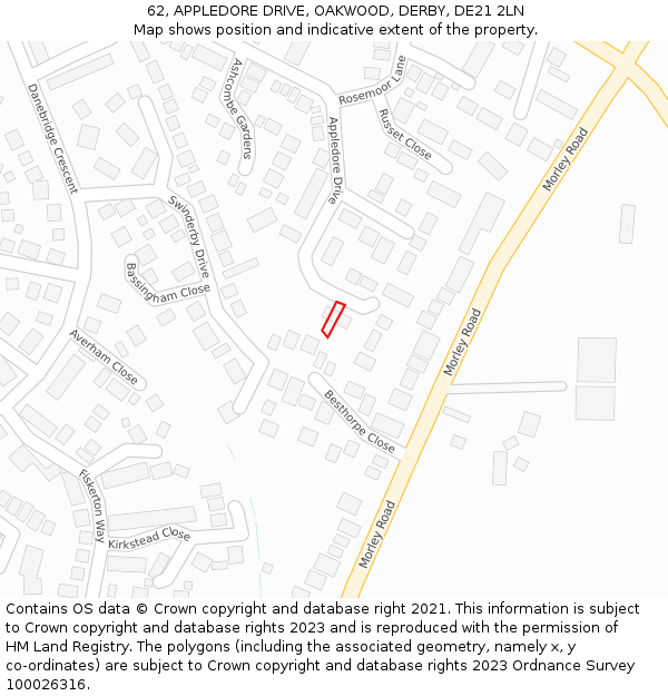 62, APPLEDORE DRIVE, OAKWOOD, DERBY, DE21 2LN: Location map and indicative extent of plot