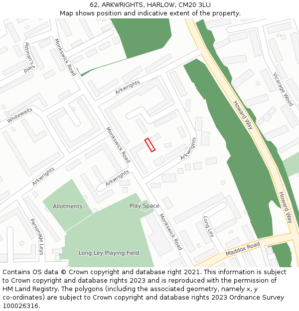 62, ARKWRIGHTS, HARLOW, CM20 3LU: Location map and indicative extent of plot