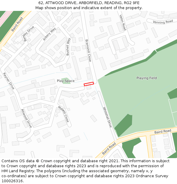62, ATTWOOD DRIVE, ARBORFIELD, READING, RG2 9FE: Location map and indicative extent of plot