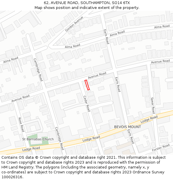 62, AVENUE ROAD, SOUTHAMPTON, SO14 6TX: Location map and indicative extent of plot