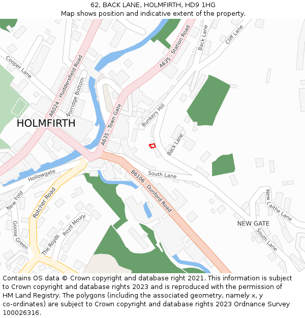 62, BACK LANE, HOLMFIRTH, HD9 1HG: Location map and indicative extent of plot