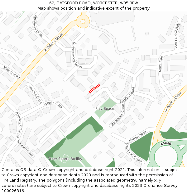 62, BATSFORD ROAD, WORCESTER, WR5 3RW: Location map and indicative extent of plot