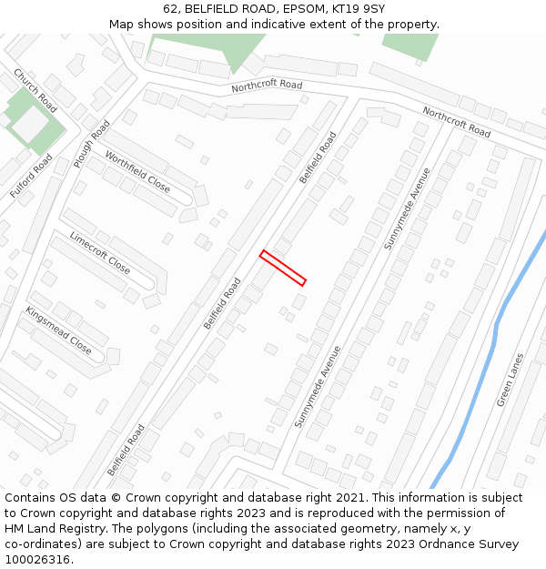 62, BELFIELD ROAD, EPSOM, KT19 9SY: Location map and indicative extent of plot