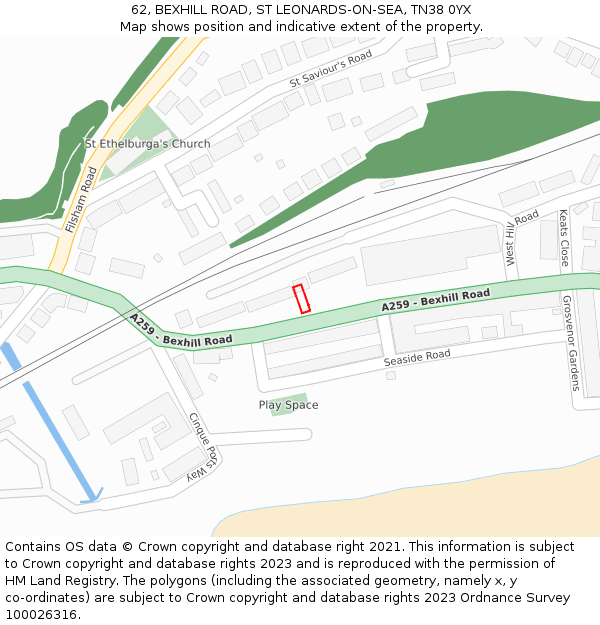 62, BEXHILL ROAD, ST LEONARDS-ON-SEA, TN38 0YX: Location map and indicative extent of plot