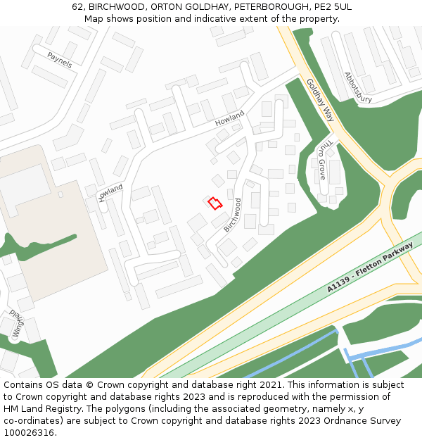 62, BIRCHWOOD, ORTON GOLDHAY, PETERBOROUGH, PE2 5UL: Location map and indicative extent of plot