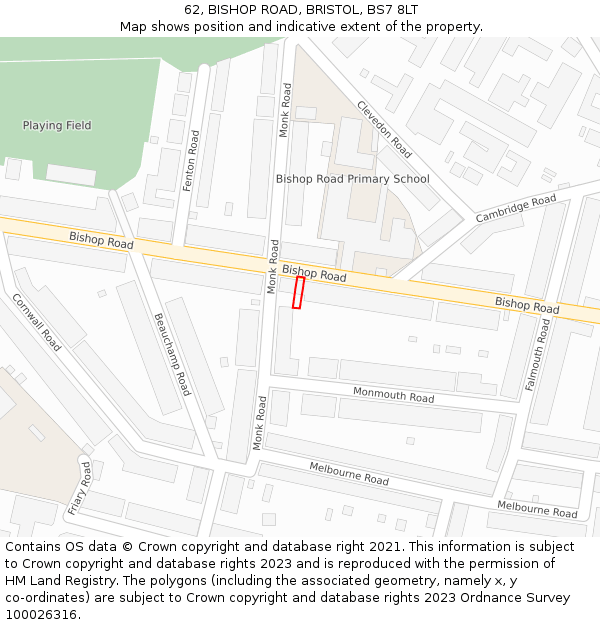 62, BISHOP ROAD, BRISTOL, BS7 8LT: Location map and indicative extent of plot