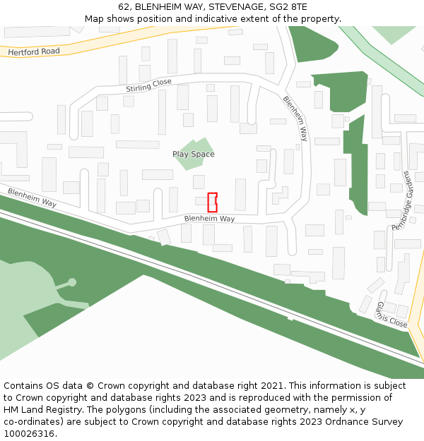 62, BLENHEIM WAY, STEVENAGE, SG2 8TE: Location map and indicative extent of plot