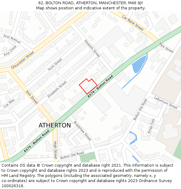 62, BOLTON ROAD, ATHERTON, MANCHESTER, M46 9JY: Location map and indicative extent of plot