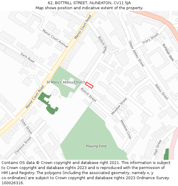62, BOTTRILL STREET, NUNEATON, CV11 5JA: Location map and indicative extent of plot