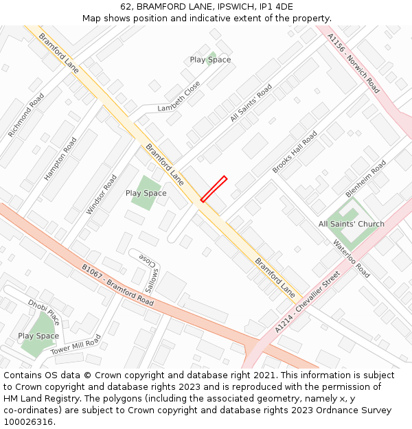62, BRAMFORD LANE, IPSWICH, IP1 4DE: Location map and indicative extent of plot