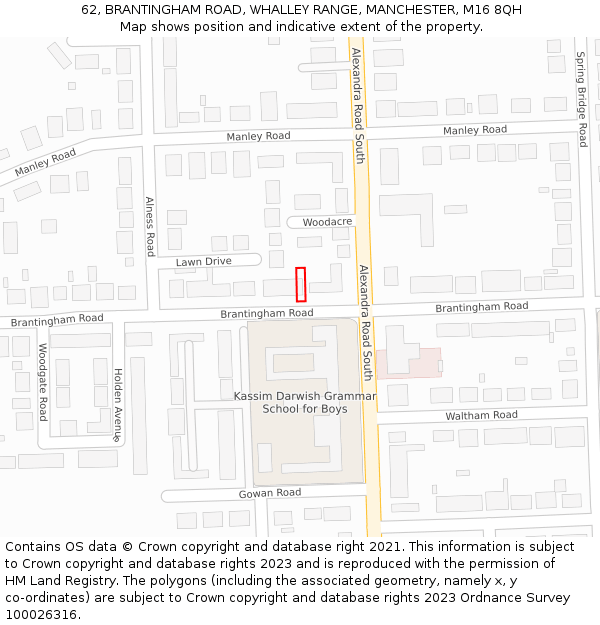 62, BRANTINGHAM ROAD, WHALLEY RANGE, MANCHESTER, M16 8QH: Location map and indicative extent of plot