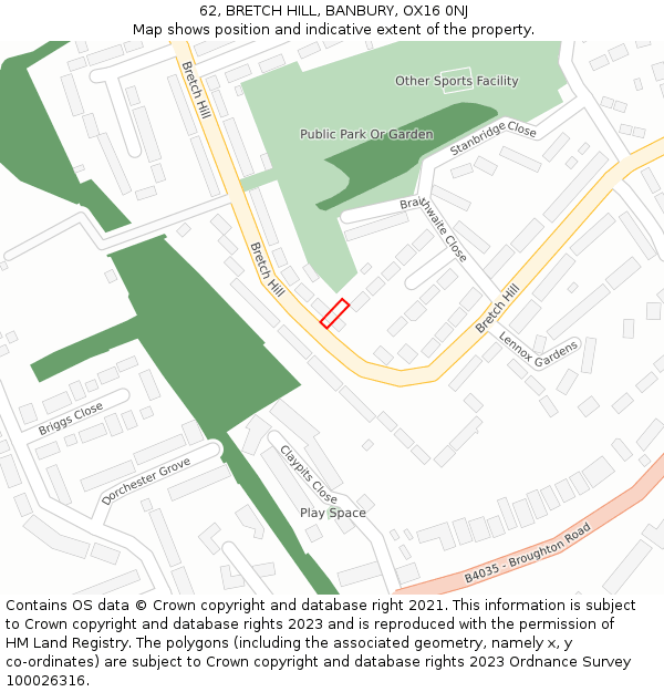 62, BRETCH HILL, BANBURY, OX16 0NJ: Location map and indicative extent of plot
