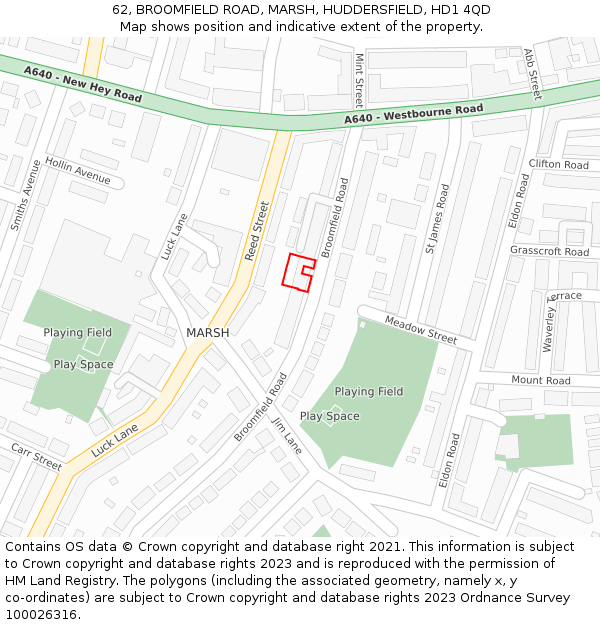 62, BROOMFIELD ROAD, MARSH, HUDDERSFIELD, HD1 4QD: Location map and indicative extent of plot