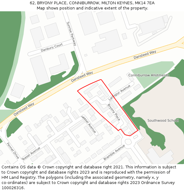 62, BRYONY PLACE, CONNIBURROW, MILTON KEYNES, MK14 7EA: Location map and indicative extent of plot