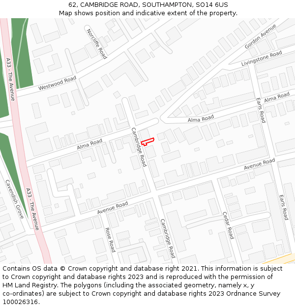 62, CAMBRIDGE ROAD, SOUTHAMPTON, SO14 6US: Location map and indicative extent of plot