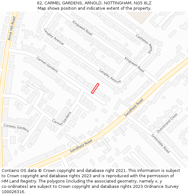62, CARMEL GARDENS, ARNOLD, NOTTINGHAM, NG5 6LZ: Location map and indicative extent of plot
