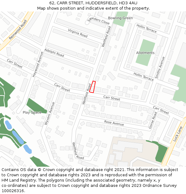 62, CARR STREET, HUDDERSFIELD, HD3 4AU: Location map and indicative extent of plot