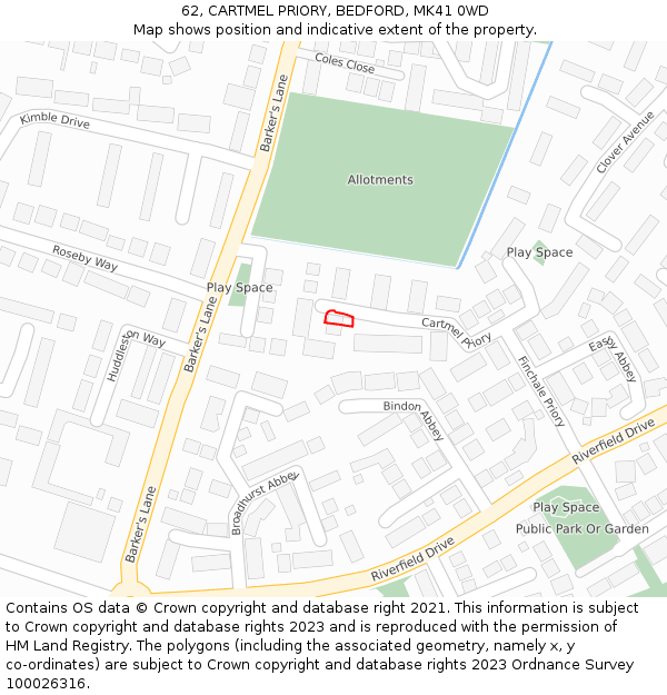 62, CARTMEL PRIORY, BEDFORD, MK41 0WD: Location map and indicative extent of plot