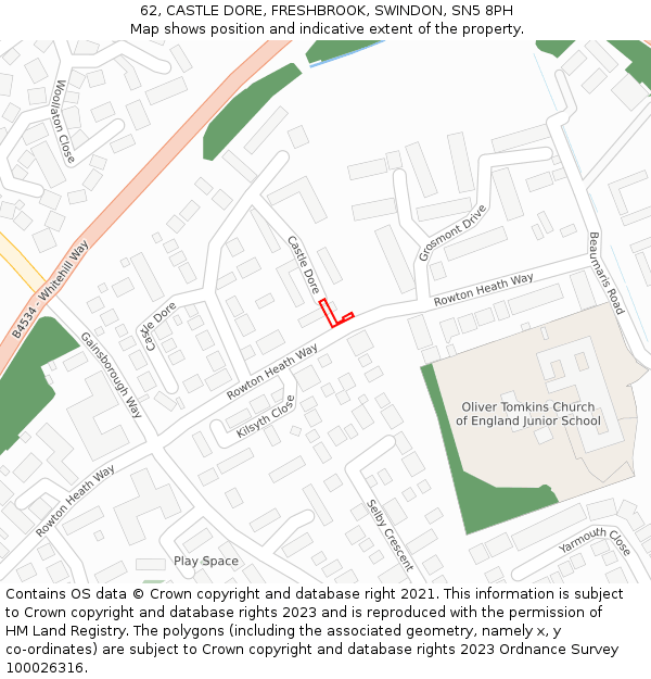 62, CASTLE DORE, FRESHBROOK, SWINDON, SN5 8PH: Location map and indicative extent of plot