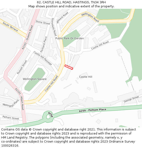 62, CASTLE HILL ROAD, HASTINGS, TN34 3RH: Location map and indicative extent of plot