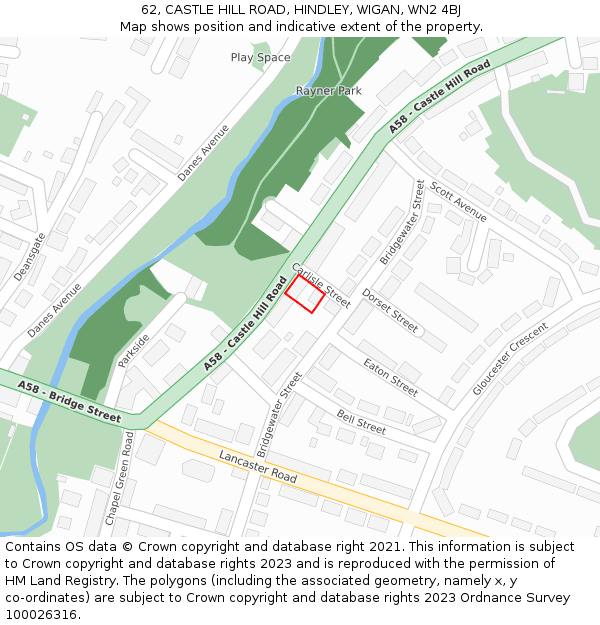 62, CASTLE HILL ROAD, HINDLEY, WIGAN, WN2 4BJ: Location map and indicative extent of plot