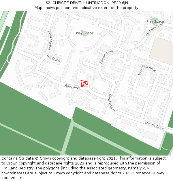 62, CHRISTIE DRIVE, HUNTINGDON, PE29 6JN: Location map and indicative extent of plot