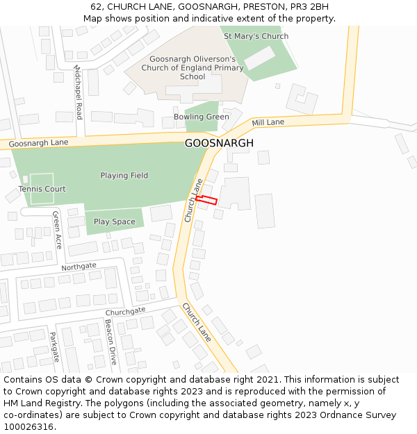 62, CHURCH LANE, GOOSNARGH, PRESTON, PR3 2BH: Location map and indicative extent of plot