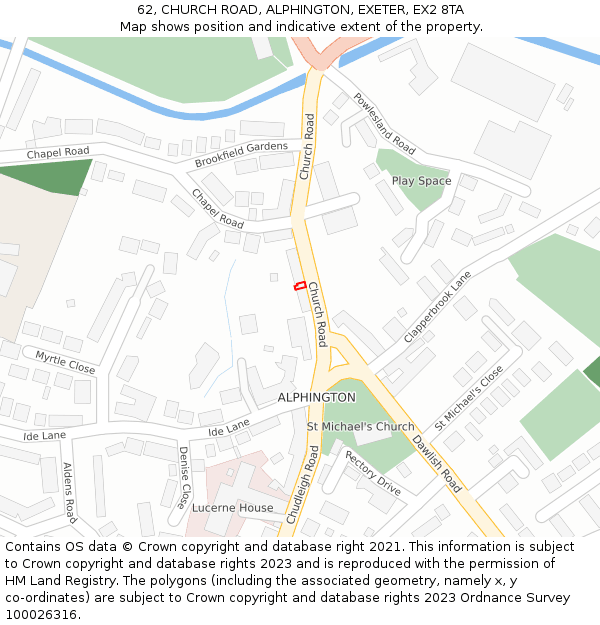 62, CHURCH ROAD, ALPHINGTON, EXETER, EX2 8TA: Location map and indicative extent of plot