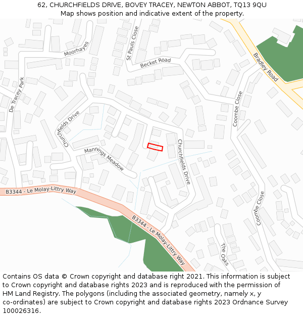 62, CHURCHFIELDS DRIVE, BOVEY TRACEY, NEWTON ABBOT, TQ13 9QU: Location map and indicative extent of plot