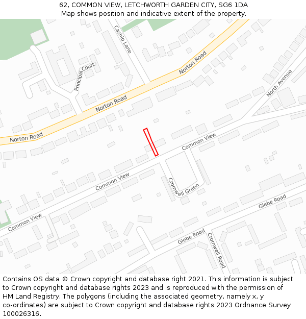62, COMMON VIEW, LETCHWORTH GARDEN CITY, SG6 1DA: Location map and indicative extent of plot