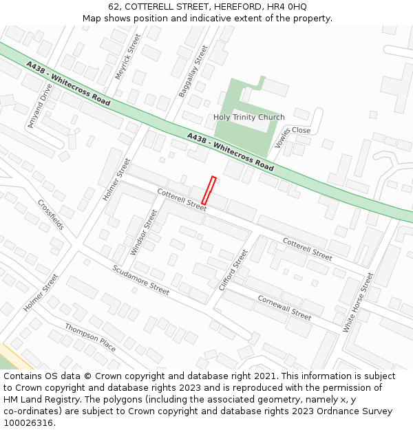 62, COTTERELL STREET, HEREFORD, HR4 0HQ: Location map and indicative extent of plot