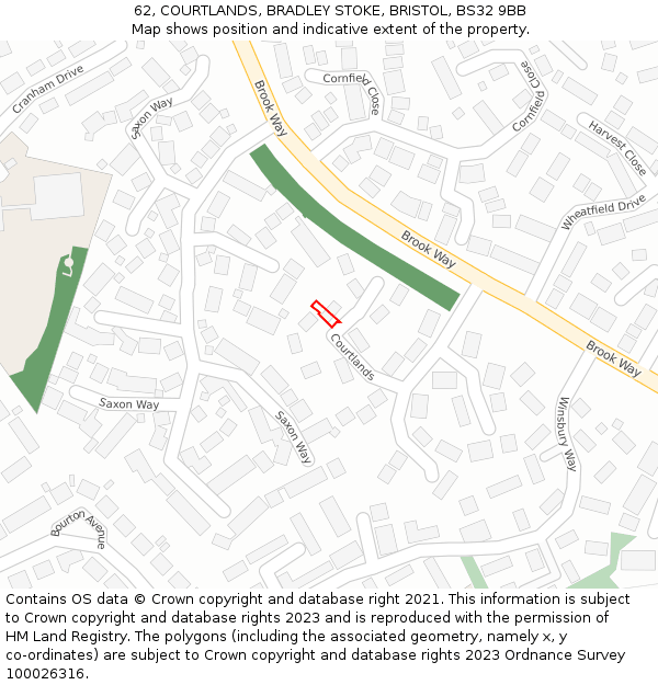 62, COURTLANDS, BRADLEY STOKE, BRISTOL, BS32 9BB: Location map and indicative extent of plot