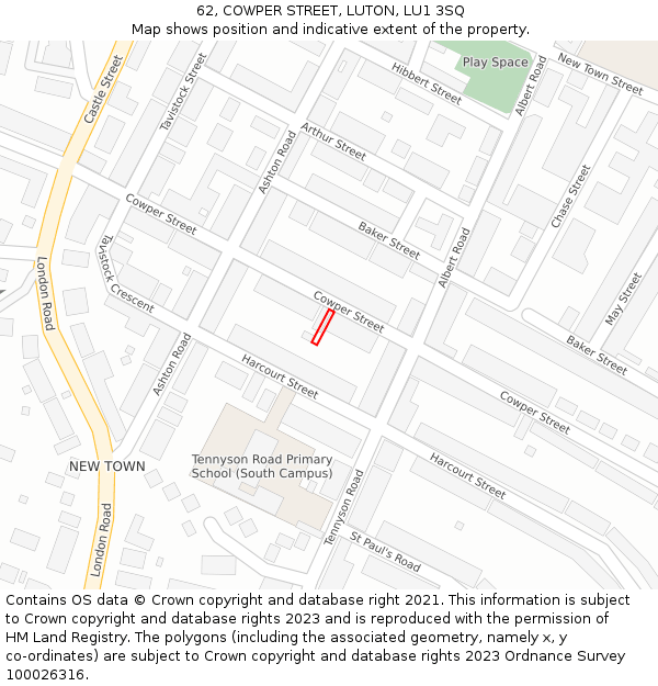 62, COWPER STREET, LUTON, LU1 3SQ: Location map and indicative extent of plot