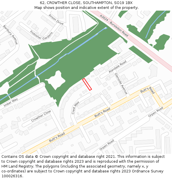 62, CROWTHER CLOSE, SOUTHAMPTON, SO19 1BX: Location map and indicative extent of plot