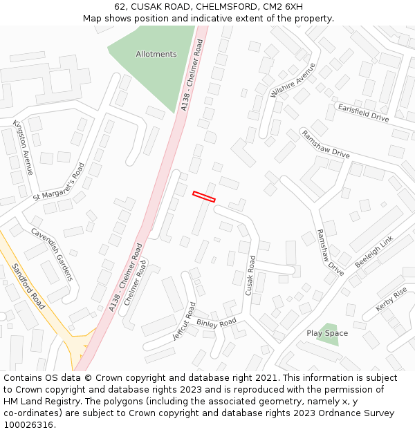 62, CUSAK ROAD, CHELMSFORD, CM2 6XH: Location map and indicative extent of plot