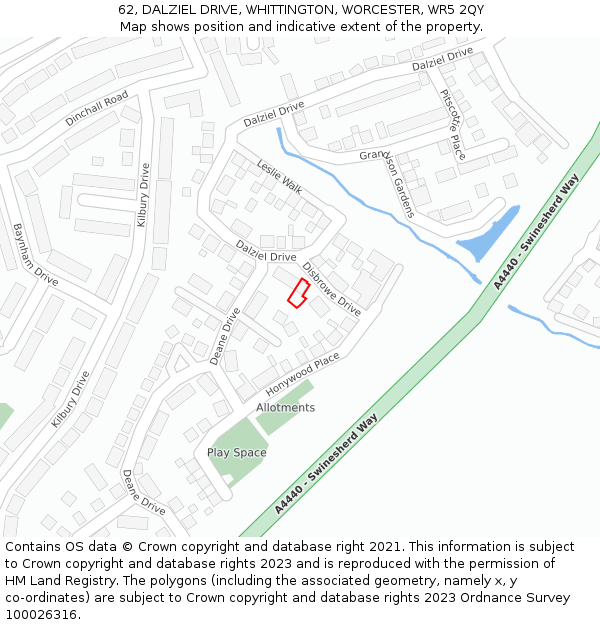 62, DALZIEL DRIVE, WHITTINGTON, WORCESTER, WR5 2QY: Location map and indicative extent of plot