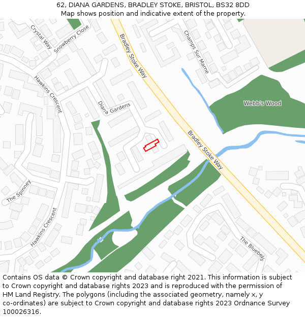62, DIANA GARDENS, BRADLEY STOKE, BRISTOL, BS32 8DD: Location map and indicative extent of plot