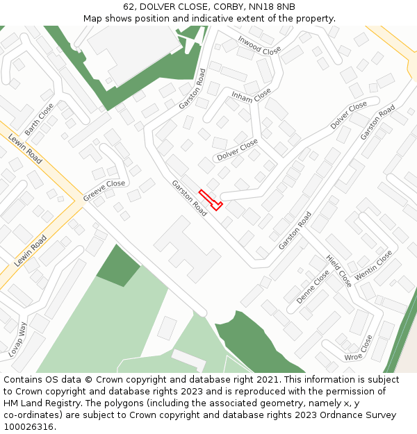 62, DOLVER CLOSE, CORBY, NN18 8NB: Location map and indicative extent of plot