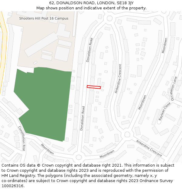 62, DONALDSON ROAD, LONDON, SE18 3JY: Location map and indicative extent of plot
